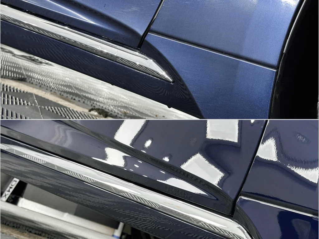 Ușa din spate și pragul unui Lexus LS albastru, înainte și după corecția lacului