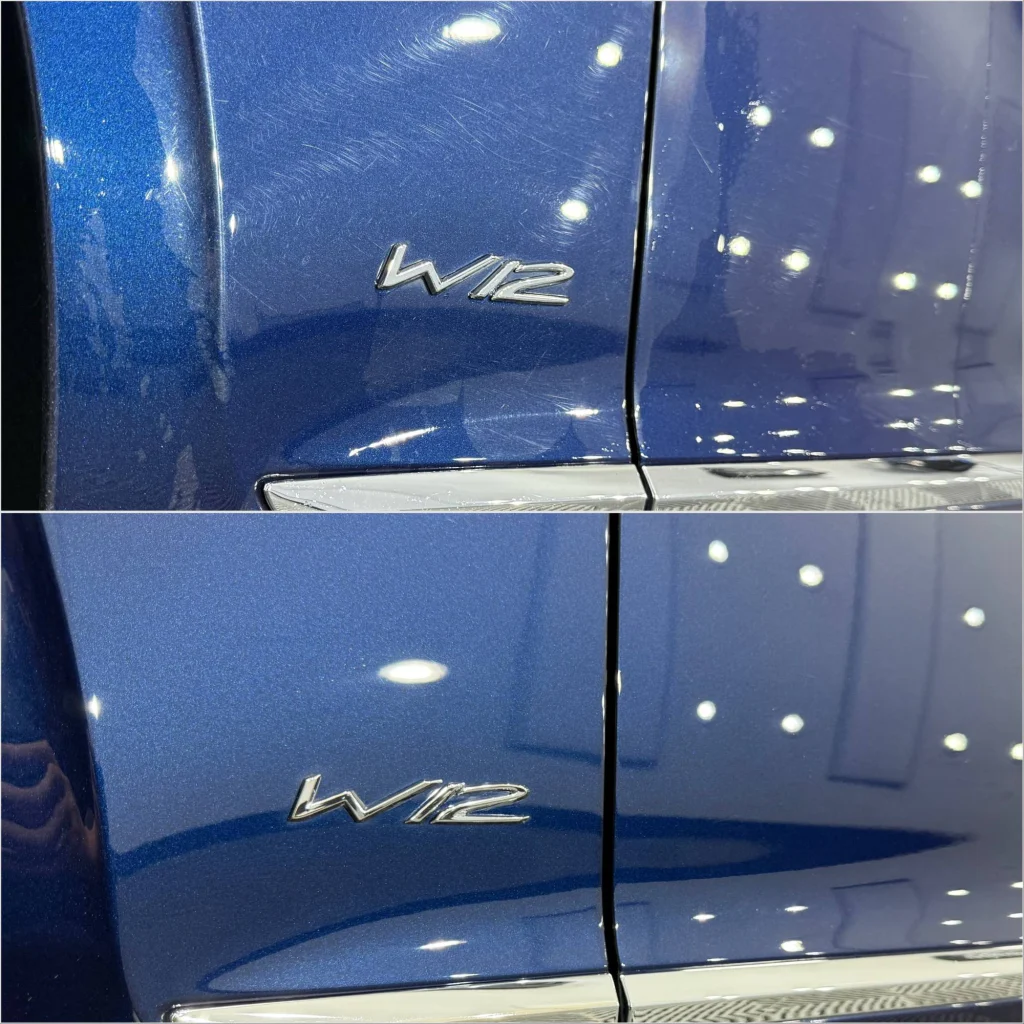 Bentley Flying Spur, aripa spate cu emblema W12, înainte și după corecția lacului